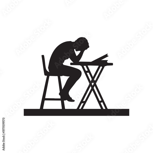 Silhouette of a frustrated student sitting at a desk with a book, head in hands, on a white background symbolizing