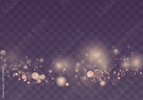 Yellow dust glimmers in soft light, scattering sparkle, shimmer, glitter bokeh. Twinkle particle, stardust highlights flare while sparks, glare, lens flare enhance magical PNG vector illustration.