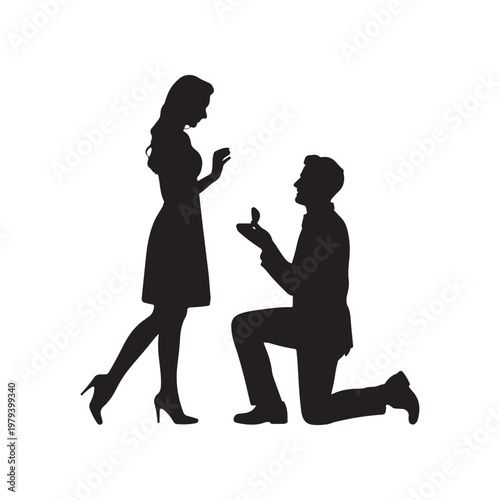 Silhouette of a man proposing marriage to a woman on one knee holding a ring box with a white background