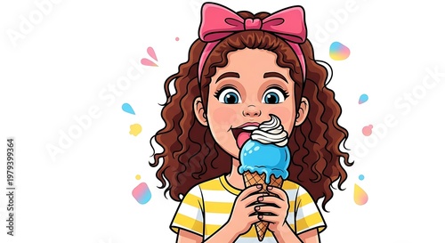 Little girl eating colorful ice cream.