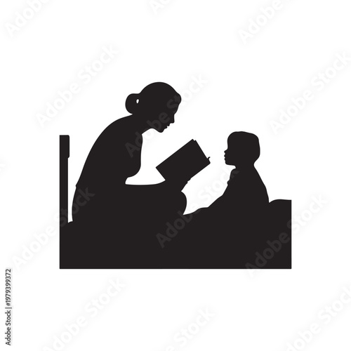 Silhouette of a mother reading a book to a child in bed on a white background jk13