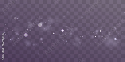 White glitter snow dust floats in glowing light, sparkle, shimmer, twinkle bokeh. Particle stardust highlights flare. Festive magical sparks with snow, glare, lens flare PNG vector winter illustration