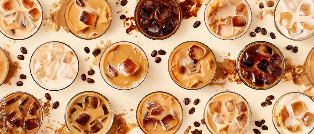 Fototapeta premium Pattern of various iced coffee drinks and espresso shots with scattered coffee beans