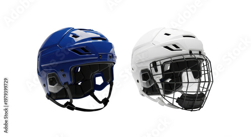 two professional ice hockey helmets, deep royal blue glossy and matte white with a protective cage, pristine studio product photograph on a transparent background, concept for athletic protection