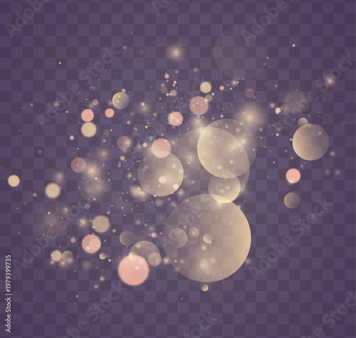 Golden glitter dust glow in soft light, blending sparkle, shimmer, twinkle bokeh. Sparks, stardust, highlights, flare, lens flare, glare enhance magical festive light in the PNG vector illustration.