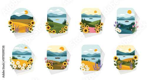 Set of 8 Flat Vector Landscape Illustrations with Lakes, Mountains, and Flowers