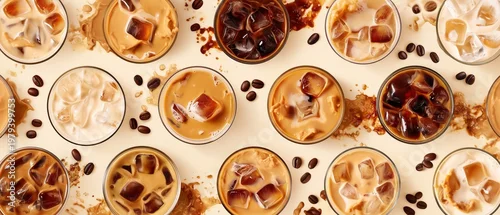 Obraz  z motywem Pattern of various iced coffee drinks and espresso shots with scattered coffee beans