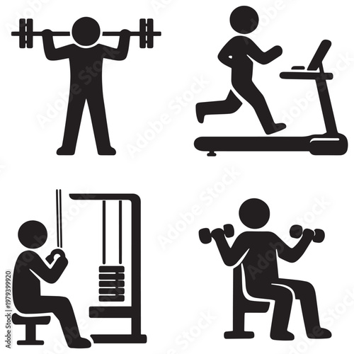 Gym exercise silhouettes with weightlifting treadmill cable machine and dumbbell workout