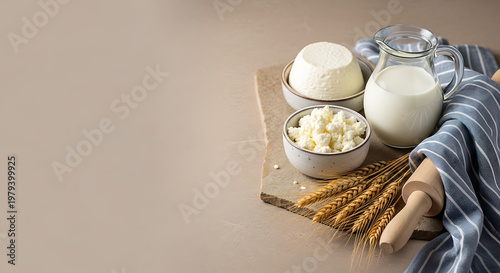 Nutritious selection of fresh dairy items, including milk, soft cheese, and baking essentials