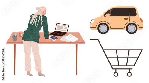 Online shopping, remote work, e-commerce, business tasks, consumer behavior, financial planning. Person at desk with laptop and documents beside car and shopping cart icons. E-commerce and remote