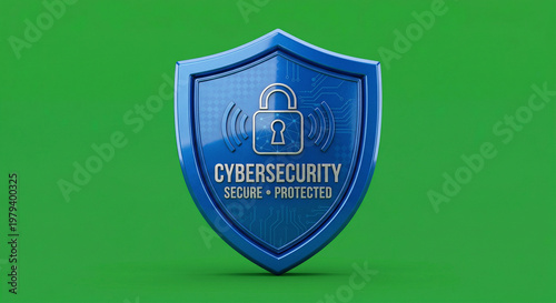 Blue cybersecurity shield icon isolated on chroma key green background, ultra realistic digital protection and data safety concept for privacy, secure login, cloud security and technology design