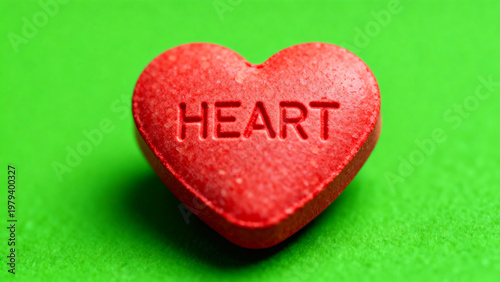 Extreme macro photography of a heart-shaped red medical pill with realistic texture and pharmaceutical stamp isolated on a solid bright chroma key green screen background for cardiovascular