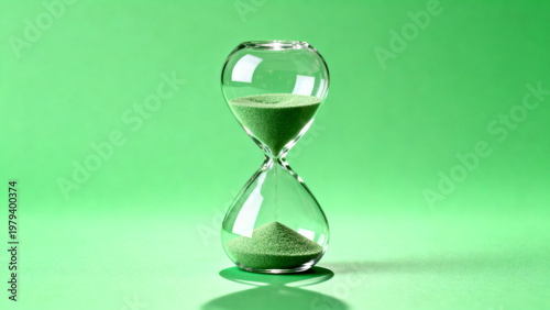 Photorealistic glass hourglass isolated on chroma key green background with soft studio shadow, centered countdown symbol asset for deadline, productivity, urgency and time management concepts