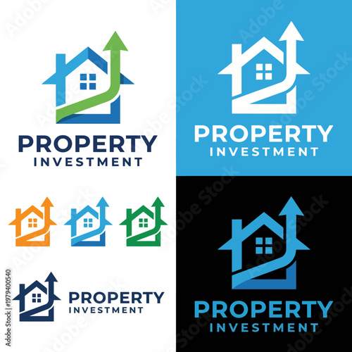 This image represents property investment with a house icon and upward arrow, symbolizing growth and success in real estate, ideal for investment companies or agencies.