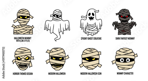 A detailed and creatively designed vector graphic showcasing a collection of various Halloween themed characters in different poses, featuring a mummy in various styles, as well a ghost or s