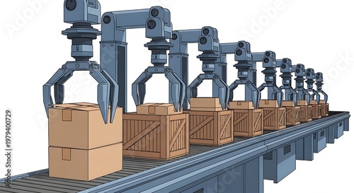 Robotic arms packaging boxes on conveyor.