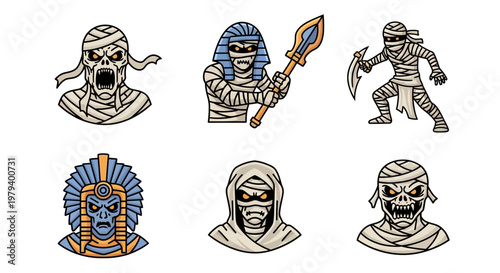 A detailed vector collection featuring stylized, hand-drawn depictions of various traditional mummies, adorned with bandages and showcasing diverse expressions and poses, perfect for themed 