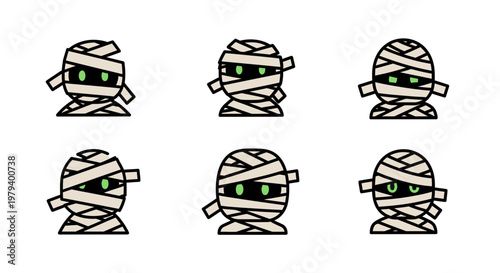 A set of six stylized cartoon mummies in various poses and perspectives, presented on a clean white background, perfectly suited for Halloween-themed designs and projects.