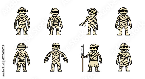 Cartoon-style collection of various mummy characters in different poses, showcasing an Egyptian-themed Halloween or general spooky holiday concept. Includes a traditional weapon.