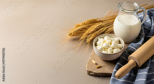 Freshly baked goods ingredients dairy, wheat, and a rolling pin on a neutral background