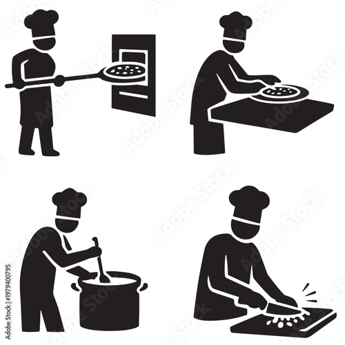 Chef cooking pictograms with pizza oven dough preparation stirring pot and chopping ingredients