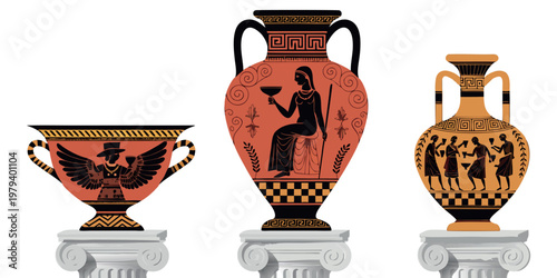 An ancient Greek ceramic amphora made of traditional clay pottery features intricate brown art and antique earthenware decorations on a classic old jar.