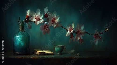 Antique Glass Bottle Holding Blooming Cherry Branch on Rustic Table