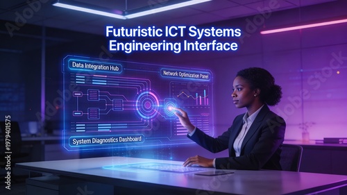 A black woman is analyzing complex data on a monitor. Interactive dashboards and maps on the screen. A laptop in the background. The concept of IT technology and monitoring.