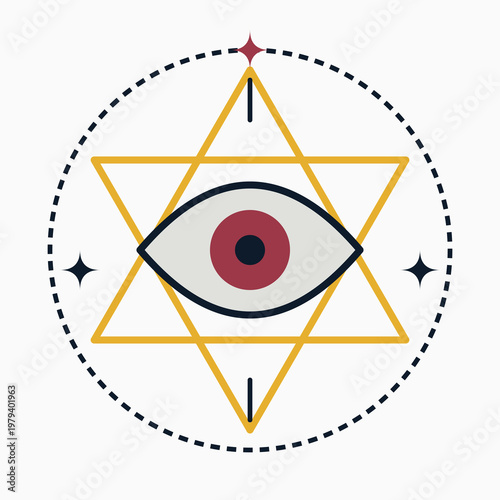 Geometric mystical all-seeing eye inside a golden merkaba star emblem.