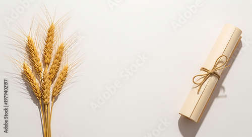 Symbolic composition of golden wheat ears and a vintage scroll on a pristine white background