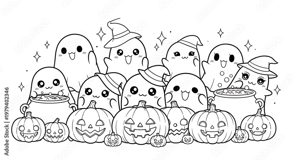Obraz premium Halloween ghosts and jack-o-lanterns illustration.