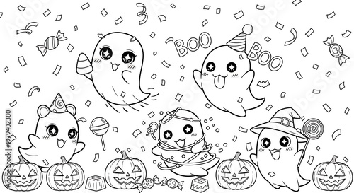 Halloween ghosts and jack-o-lanterns illustration.