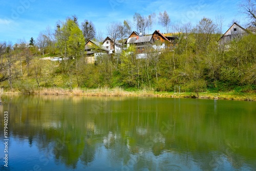 Lake at Vošče village in Gorenjska, Slovenia in spring