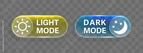 Dark and Light Mode Toggle Button Set – Liquid Glass Glassmorphism UI Switch Icons for Day and Night Interface Vector