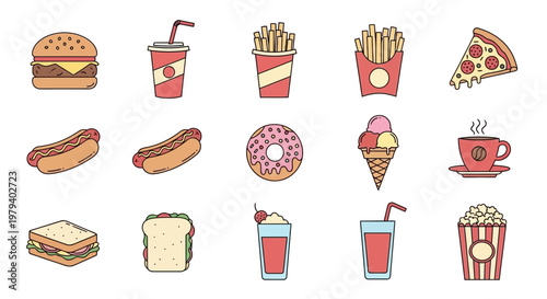 Colorful fast food icons on white.