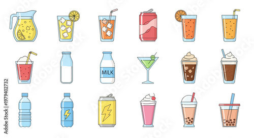 Variety of colorful drink beverages.