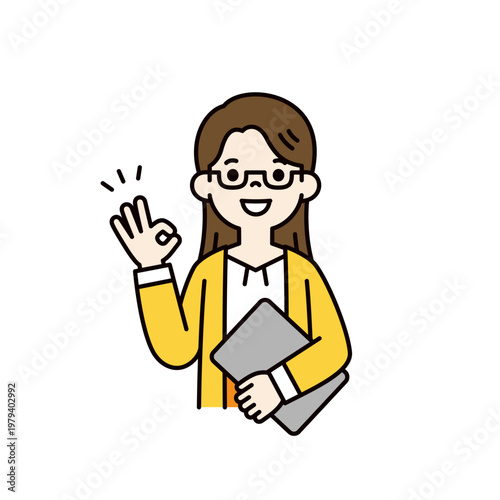 ラップトップPCを持ってOK・了解のハンドサインをする若い女性の上半身ベクターイラスト素材