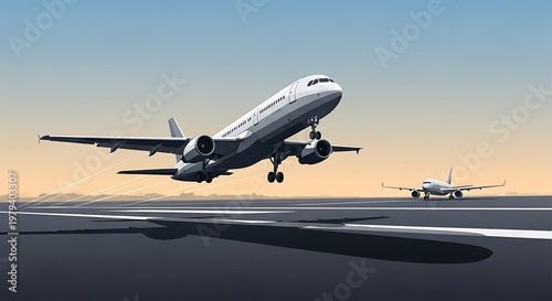 Airplane taking off on runway track.