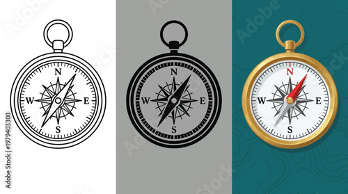 Compass Navigation Tool in Black, Gray, and Gold