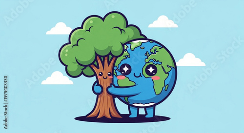 Earth hugging a tree with a happy face and green leaves on a light blue background with clouds