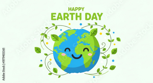 Happy earth day smiling globe with green leaves and colorful dots on light background