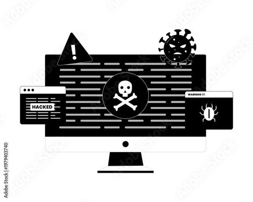 Cyber Security Breach and Malware Attack on Computer Monitor Vector