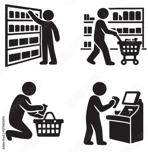 Shopping process pictograms with selecting cart basket and self checkout