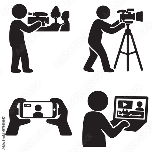 Video production pictograms with filming tripod smartphone recording and online editing