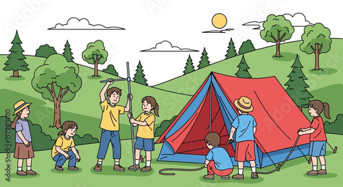 Camping, outdoor adventure, kids, colorful illustration, tent, nature, summer fun