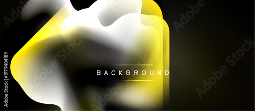 Abstract yellow shapes overlap black background. Modern design features gradients, soft shadows, text background. Minimalist aesthetic.