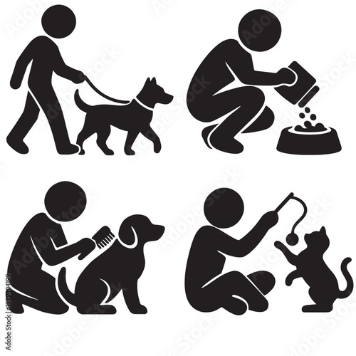 Pet care silhouettes with walking feeding grooming and playful interaction