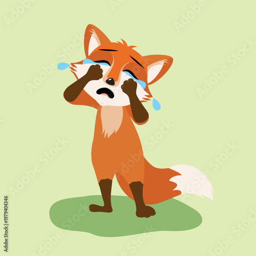 Cute funny red little fox cries. Сartoon animal character upset. Vector illustration, children's design.