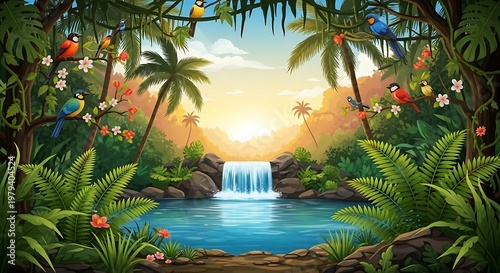 Tropical paradise with waterfall and palm trees.