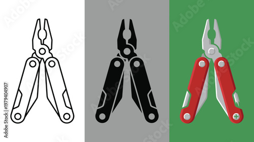 Multitool Plier with Different Color Handles on Various Backgrounds